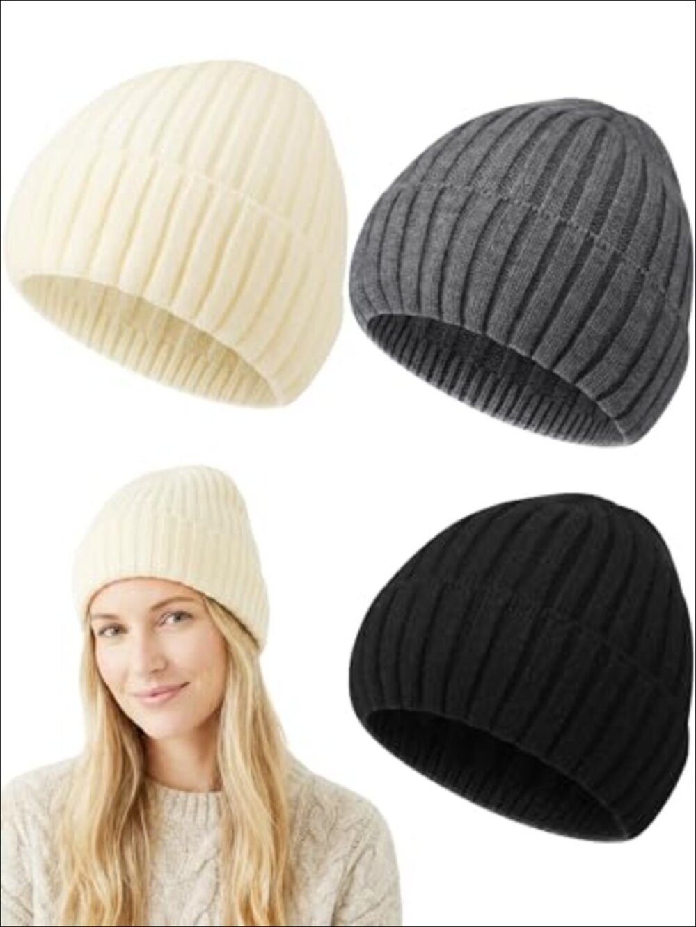 3 Pack Wool Blend Knit Beanie Hats Ribbed Cuffed Slouchy Winter Hats